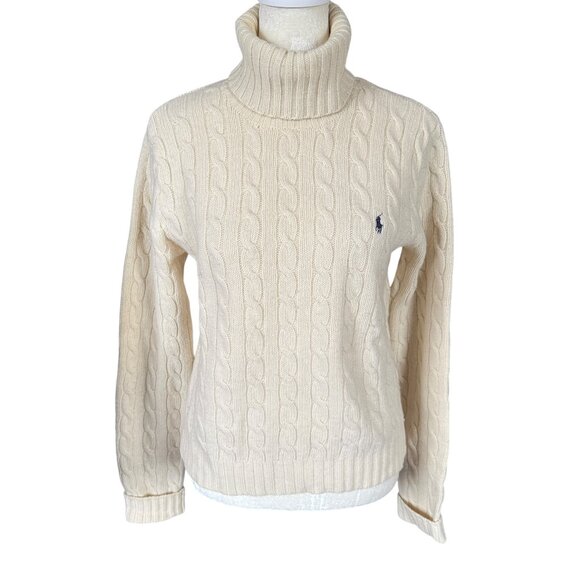 Ralph Lauren wool & cashmere cream long sleeve cable knit turtleneck sweater M - Picture 1 of 8